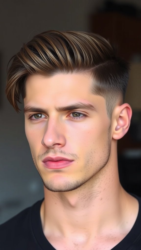 A man with thick hair styled with short sides and a long top, showcasing a polished and modern look.