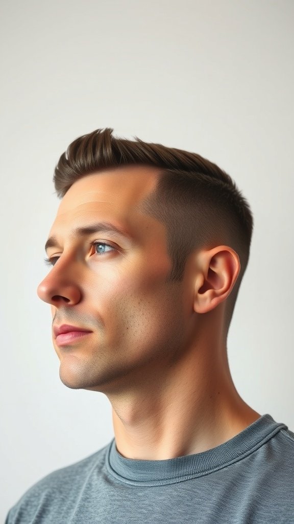 A man with a short slicked back hairstyle, featuring tapered sides and a polished finish.