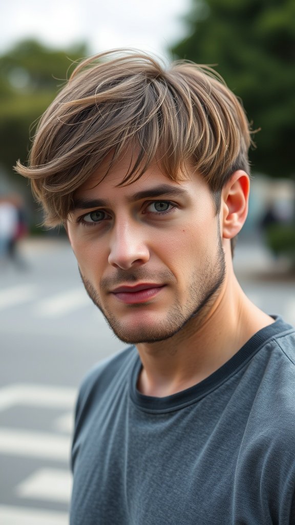 A young man with a shoulder-length shag cut, showcasing a stylish and textured hairstyle.