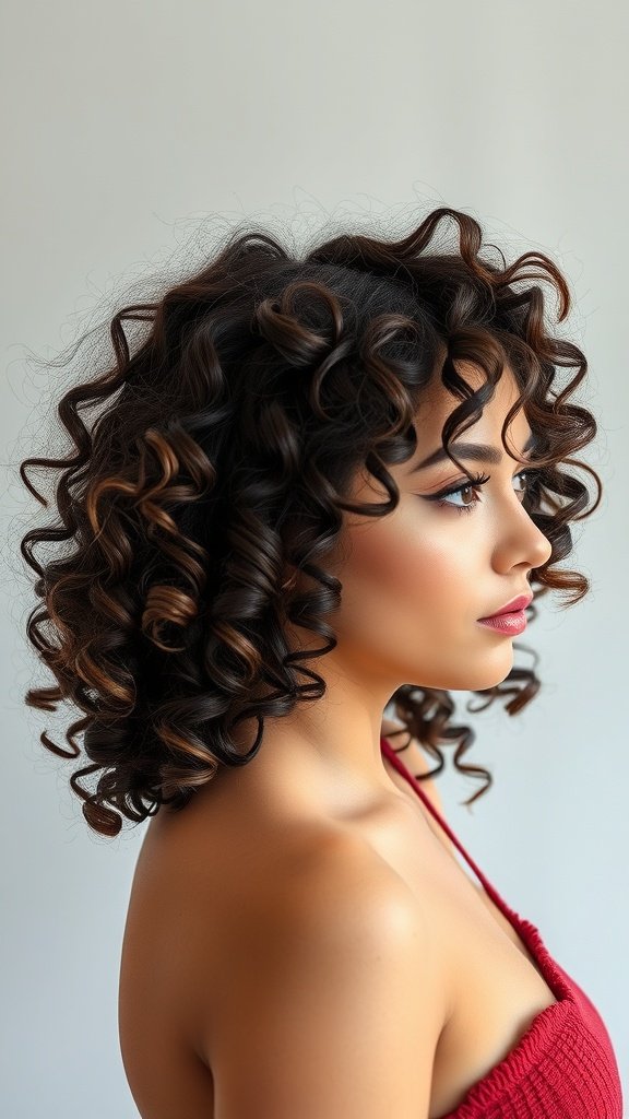 A side-parted curly hairstyle showcasing defined curls and a polished look.
