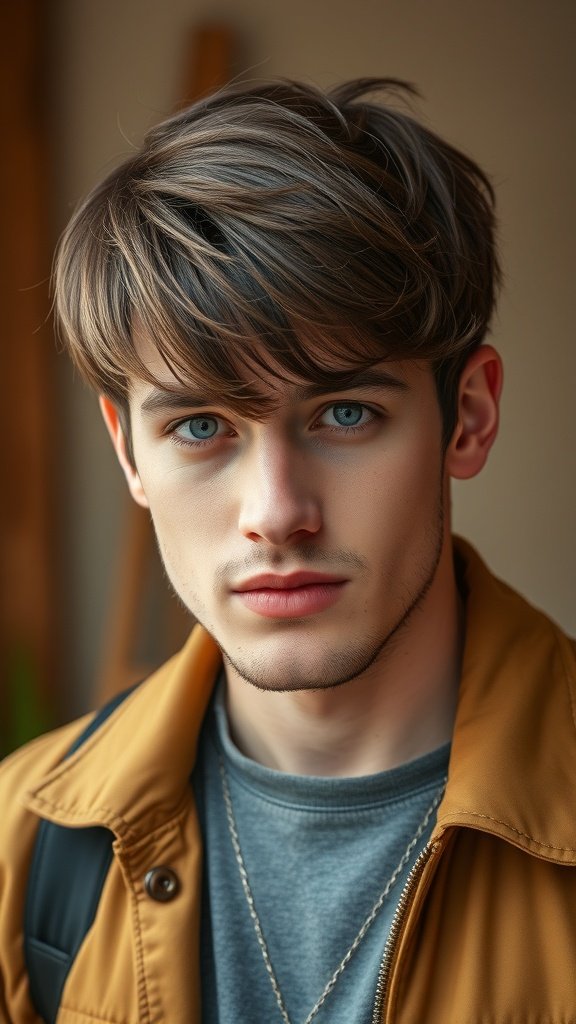 A young man with a side-swept fringe hairstyle, featuring medium-length hair styled to frame his face.
