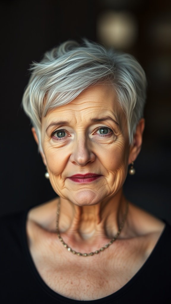 A woman with a side-swept pixie haircut, showcasing her elegant style.