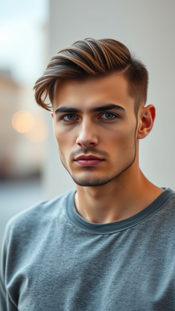 A young man with a stylish side part hairstyle, featuring longer hair swept to one side.