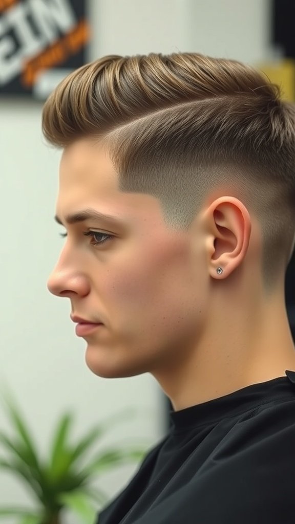 A young man with a side part fade haircut, showcasing a clean fade on the sides and longer hair on top.