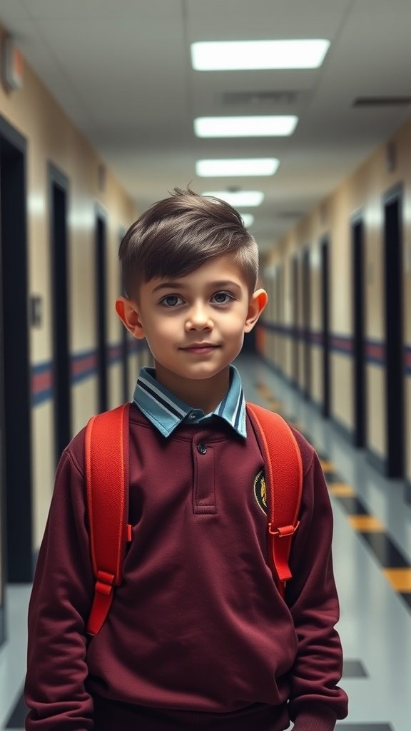 A young boy with a side part and fade haircut, wearing a school uniform and backpack in a hallway.