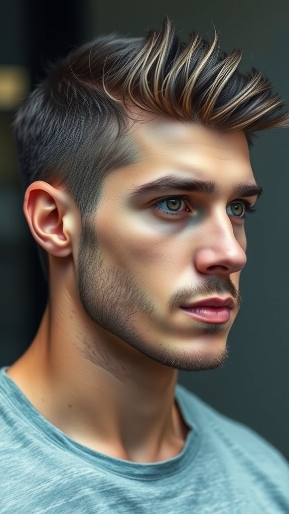 A young man with thick hair styled in a side part with textured layers on top.