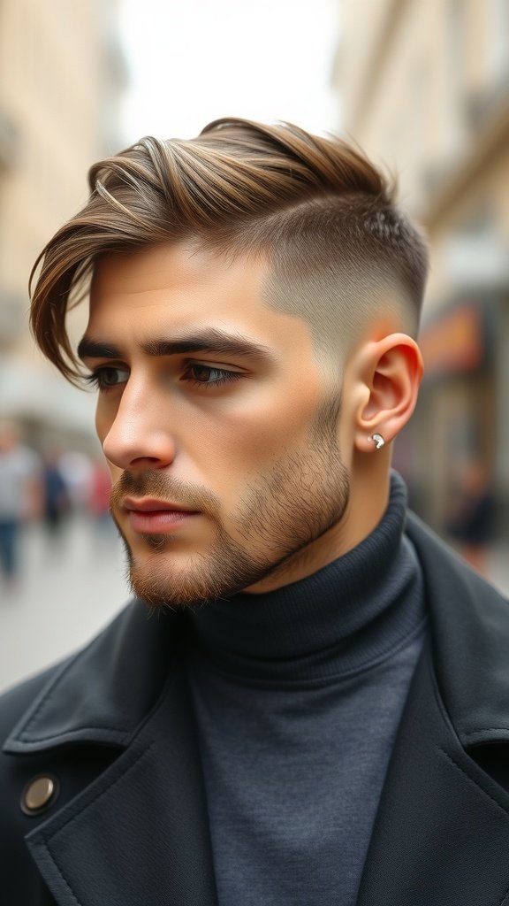 A man with a stylish side part and undercut hairstyle, showcasing a modern and sophisticated look.