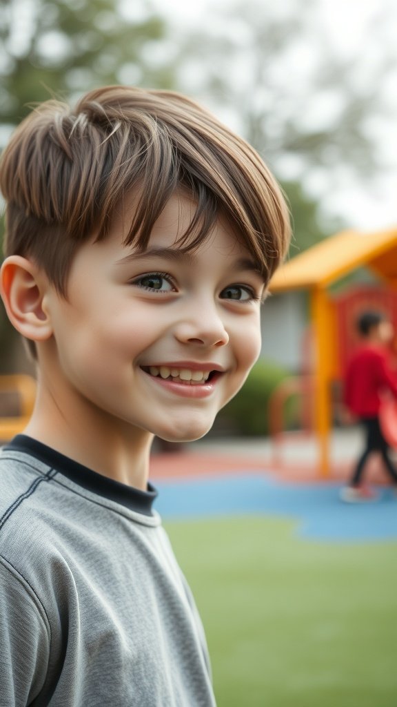 A young boy with side swept bangs smiling at a playground.
