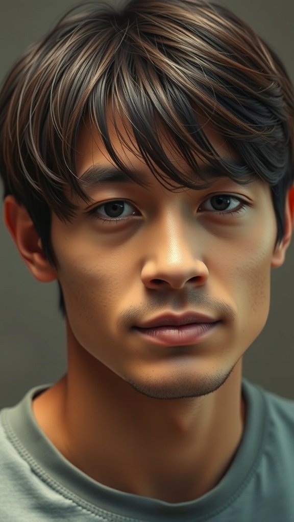 A man with thick hair styled in side swept bangs, showcasing a casual yet polished look.