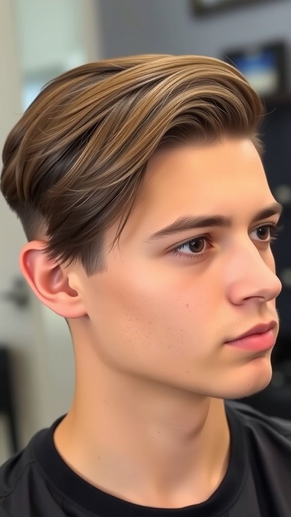 A young man with side swept hair and a mid-fade haircut, showcasing a stylish and modern look.