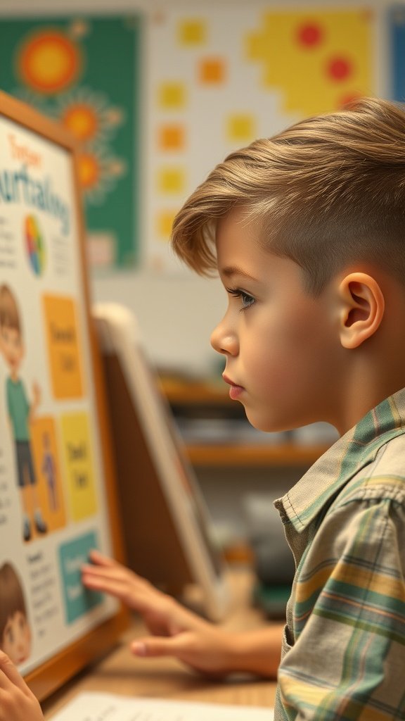 A young boy with a side swept undercut hairstyle, looking at a poster in a classroom.