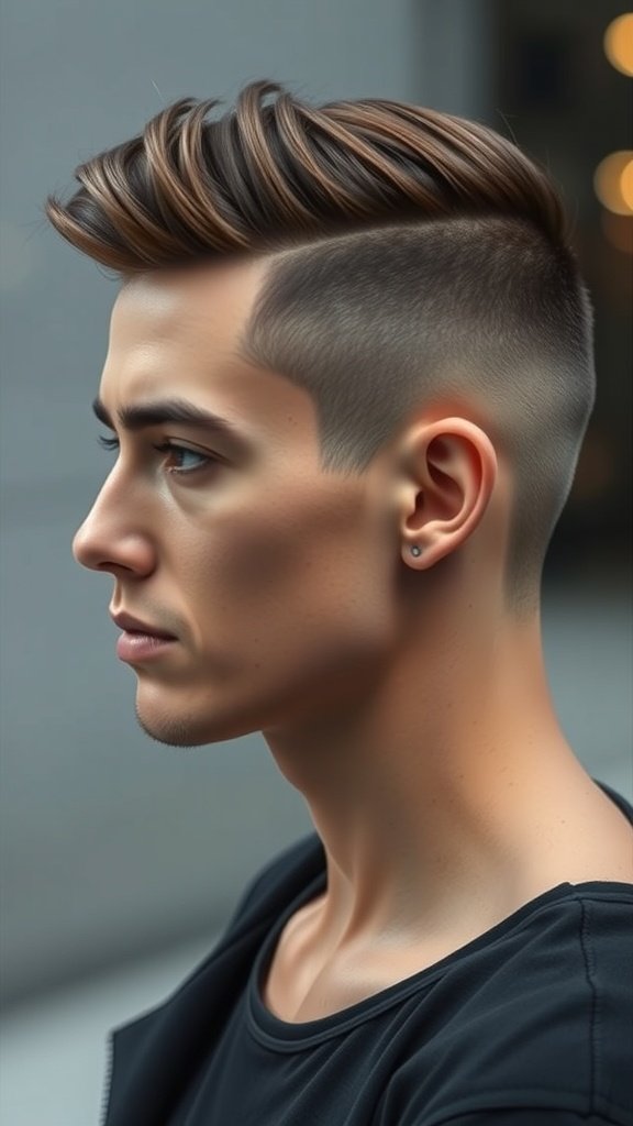 A man with a side swept undercut hairstyle, featuring short sides and a longer top styled to one side.
