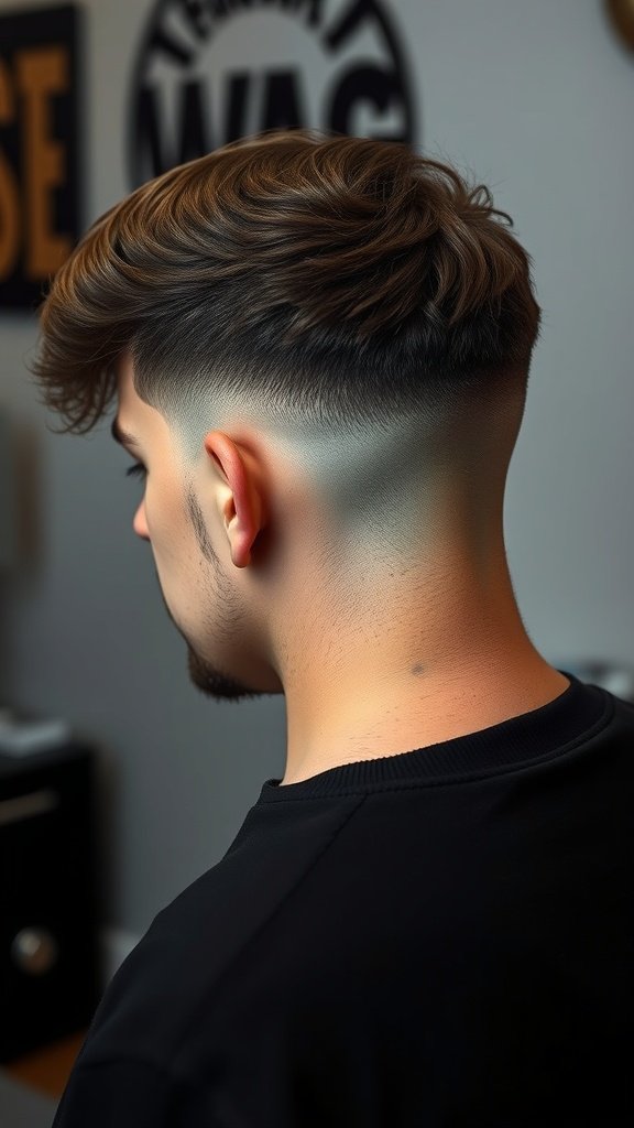 A close-up view of a skin drop fade haircut, showcasing the smooth transition from short to longer hair.