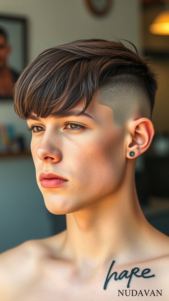 A young man with a skin fade haircut and long fringe, showcasing a stylish and modern look.