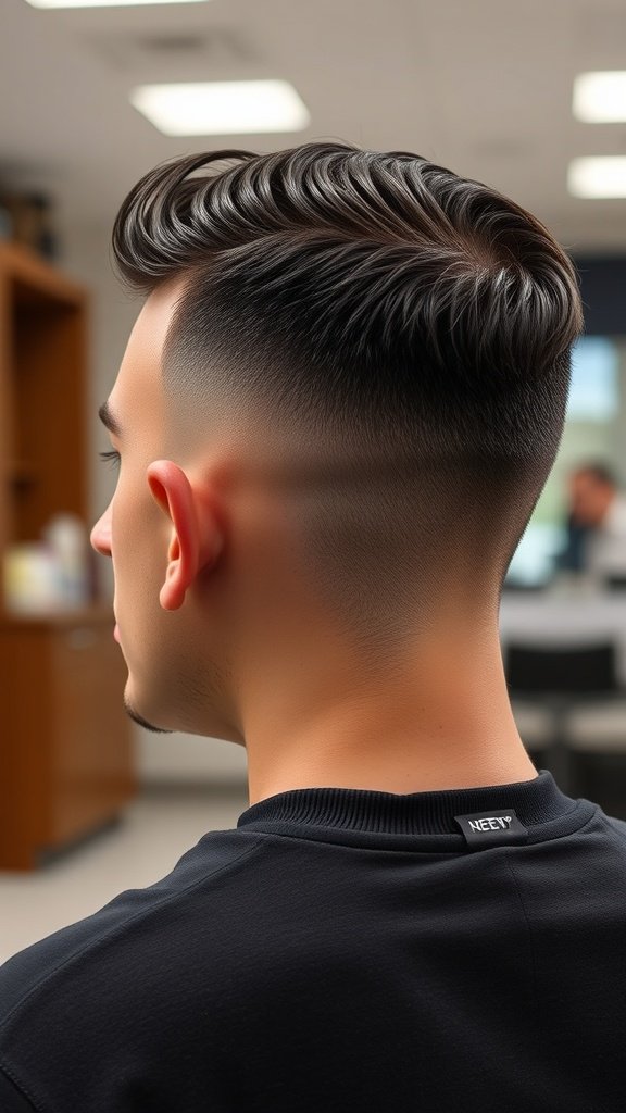 A man with a sleek low fade haircut and slicked back hair, showcasing a polished look.