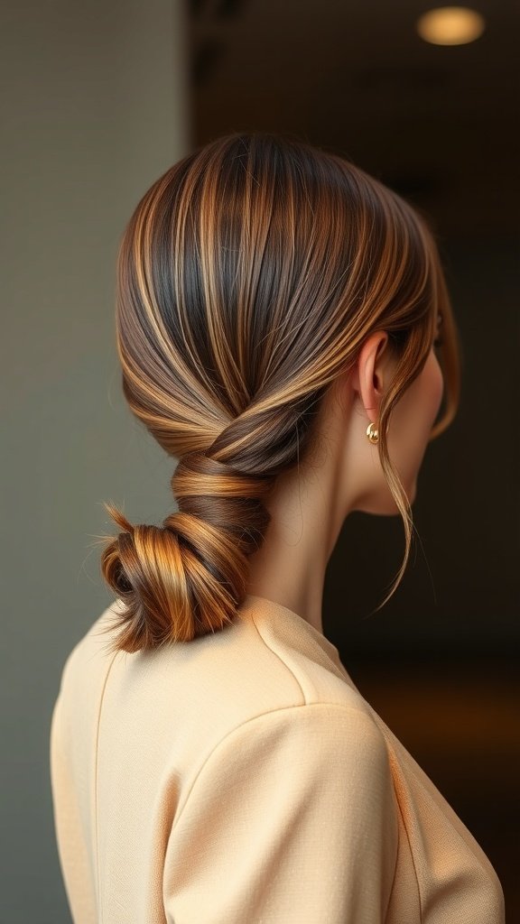 A woman with a sleek low ponytail hairstyle, showcasing a smooth and polished look.