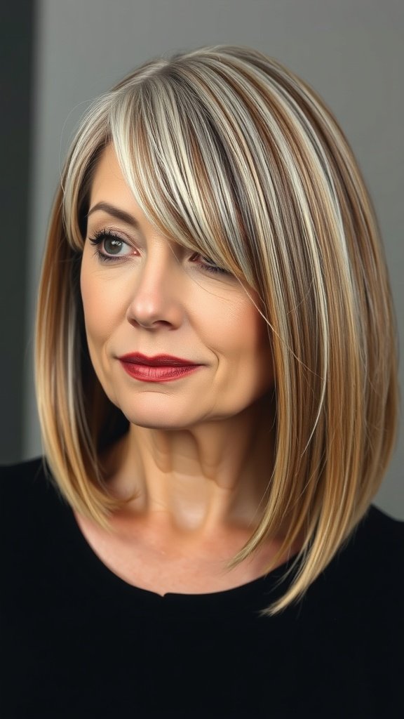 A woman with a sleek straight bob hairstyle, featuring subtle highlights and a bold lip color.