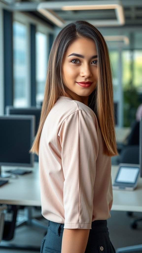 A woman with sleek straight layered hair, looking confidently at the camera in a modern office setting.