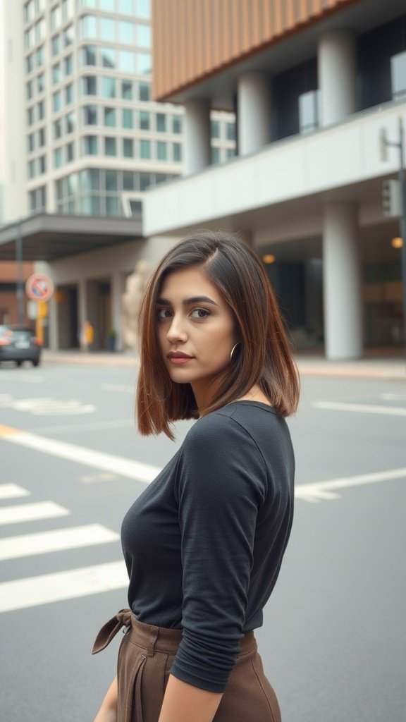 A woman with a sleek straight lob hairstyle, standing on a city street.