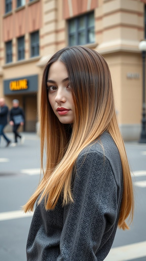 A woman with sleek straight hair styled in an ombre effect, showcasing a modern shoulder-length hairstyle.