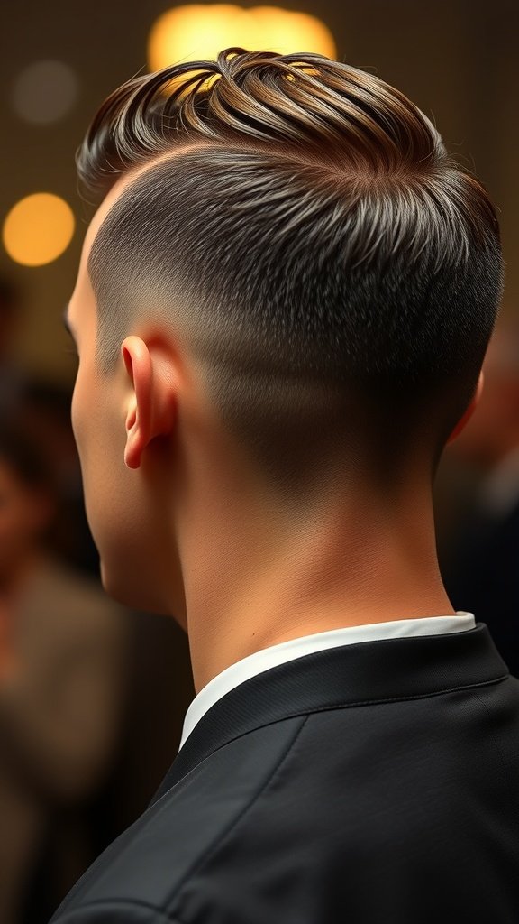 A man with a slicked back Edgar haircut, showcasing a clean fade on the sides and longer hair on top.