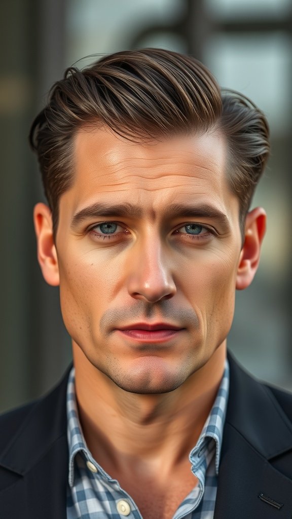 A man with thick hair styled in a slicked back hairstyle, showcasing a polished and neat appearance.