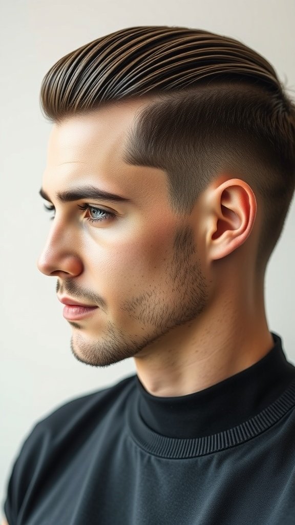 A man with thick hair styled in a slicked back undercut, showcasing a polished and modern look.