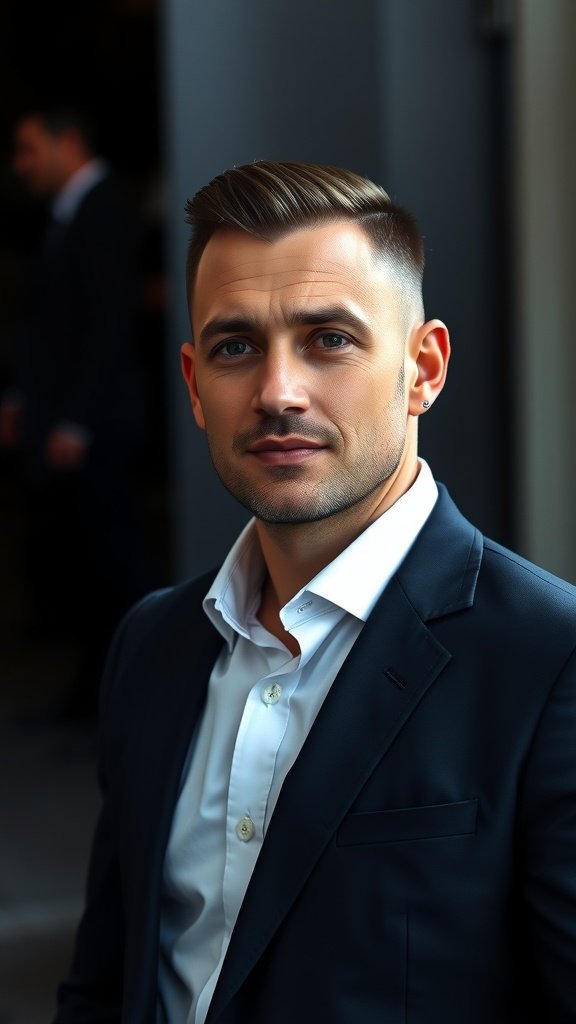 A man with a slicked back undercut hairstyle, wearing a suit and looking confidently at the camera.