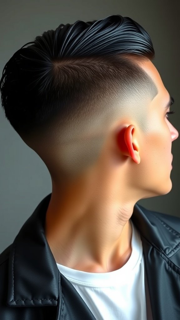 A stylish slicked back haircut with an undercut, showcasing short sides and longer hair on top.