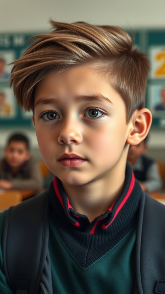 A young boy with a slicked side part hairstyle, looking thoughtful in a classroom setting.