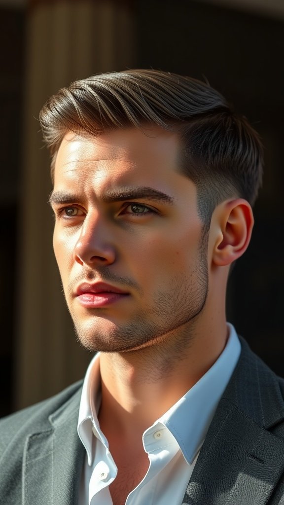 A man with thick hair styled in a slicked side part, wearing a suit.
