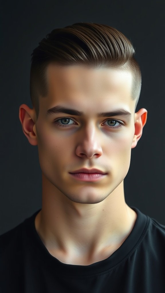 A young man with a slicked side part and fade hairstyle, showcasing a polished and modern look.