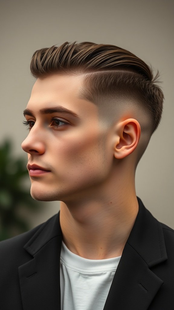 A stylish young man with a slicked side hairstyle and mid-fade haircut, wearing a black blazer.