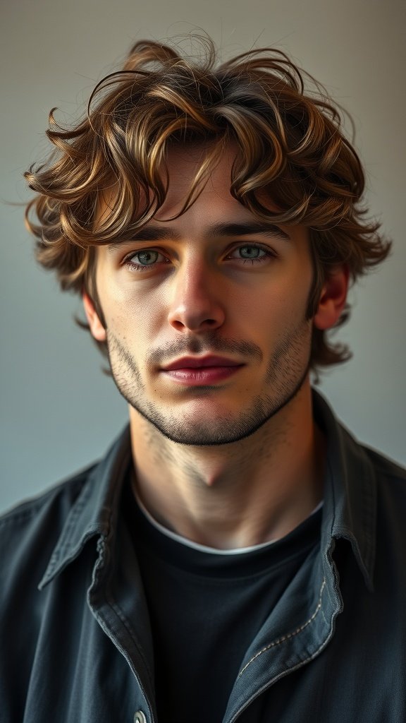 A young man with slightly curly medium-length hair, showcasing a stylish and casual look.