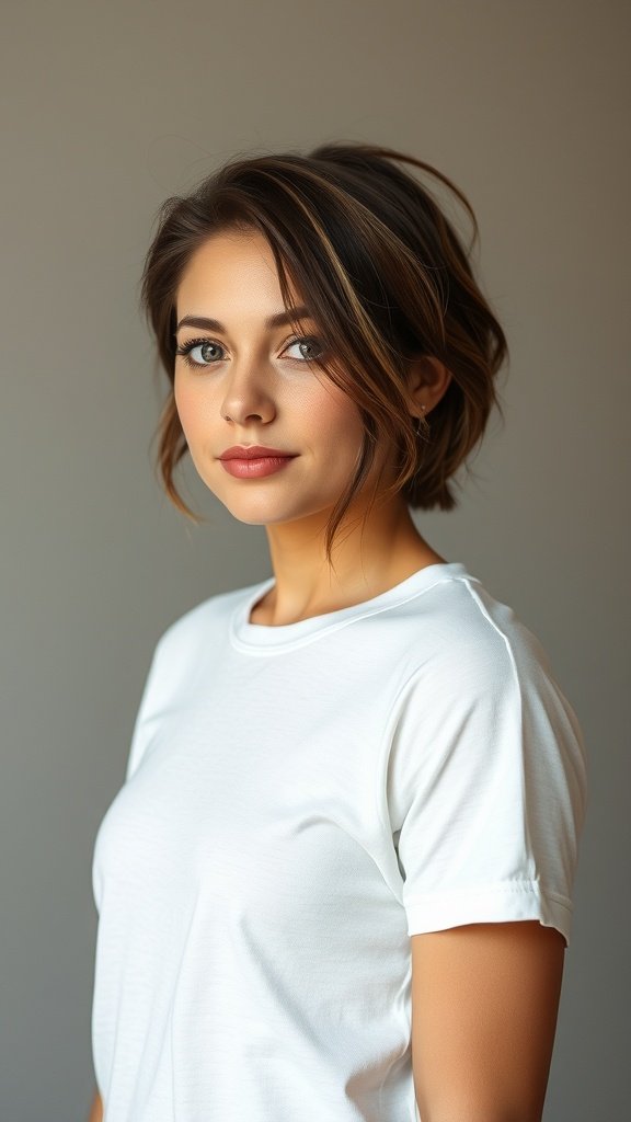 A person showcasing a slightly messy side part hairstyle