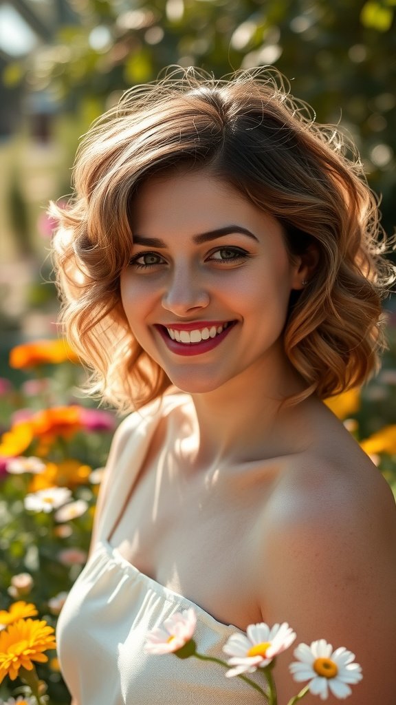 A woman with soft curled layers smiling in a flower garden.