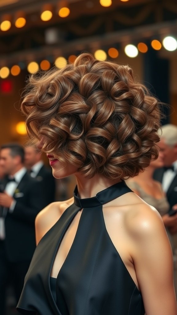 A woman with shoulder-length hair styled in soft, voluminous curls, wearing a black dress, with a blurred festive background.