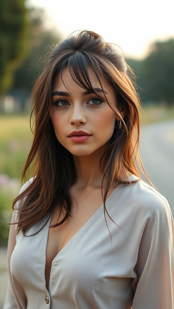 A woman with soft layered hair styled in a center part, showcasing a fresh and modern hairstyle.