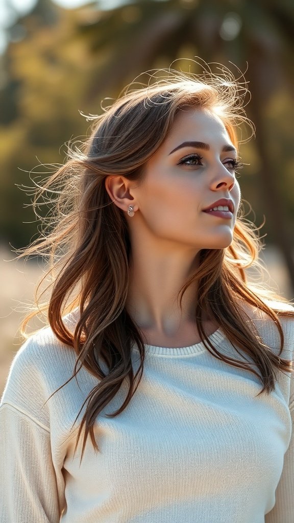A woman with soft layered hair and natural texture, looking confidently outdoors.
