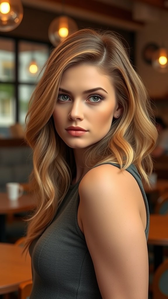 A woman with shoulder-length hair styled in soft waves and a side part, looking elegant and casual.