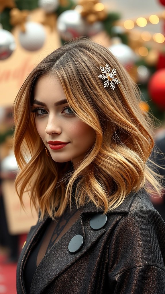 A woman with shoulder-length hair styled in soft waves, adorned with a snowflake hair accessory.