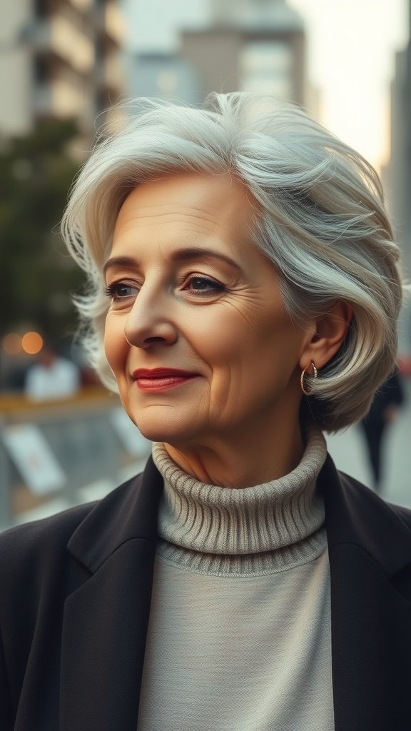A woman with short, soft wavy hair, wearing a turtleneck and blazer, smiling in an urban setting.