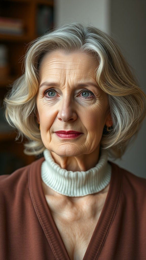 A woman with a softly curled bob hairstyle, showcasing elegance and sophistication.