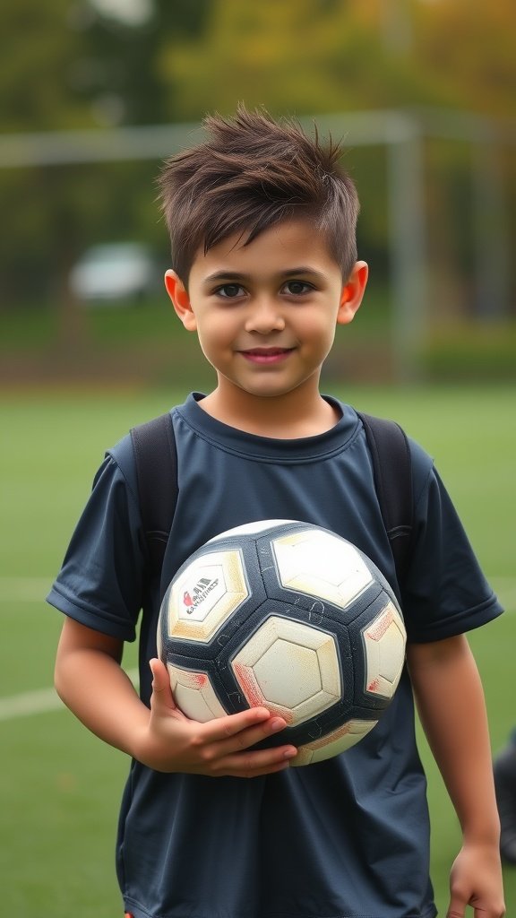 A young boy with a spiky haircut holding a soccer ball on a field.