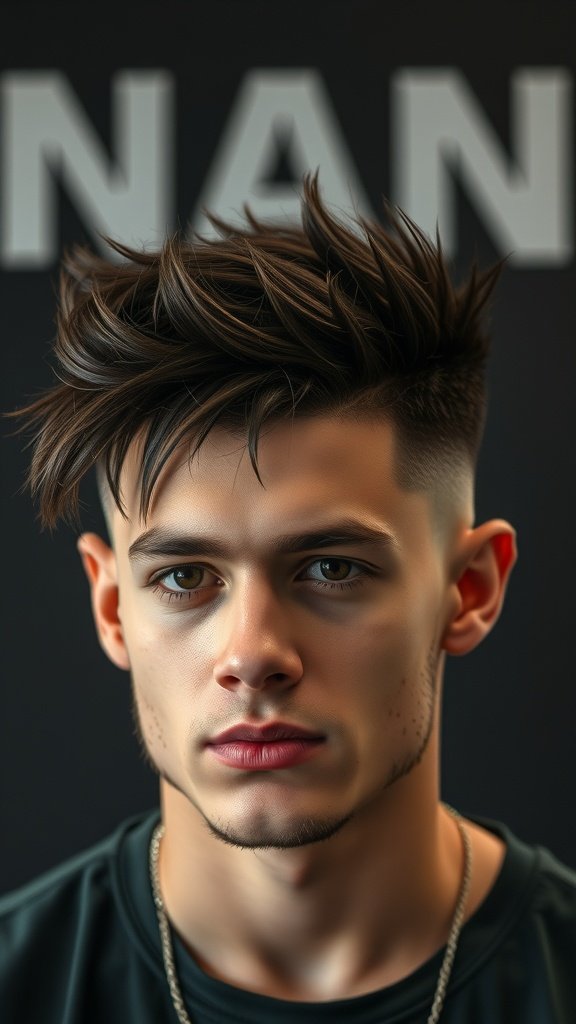 A young man with spiky hair and a drop fade haircut, showcasing a modern and stylish look.