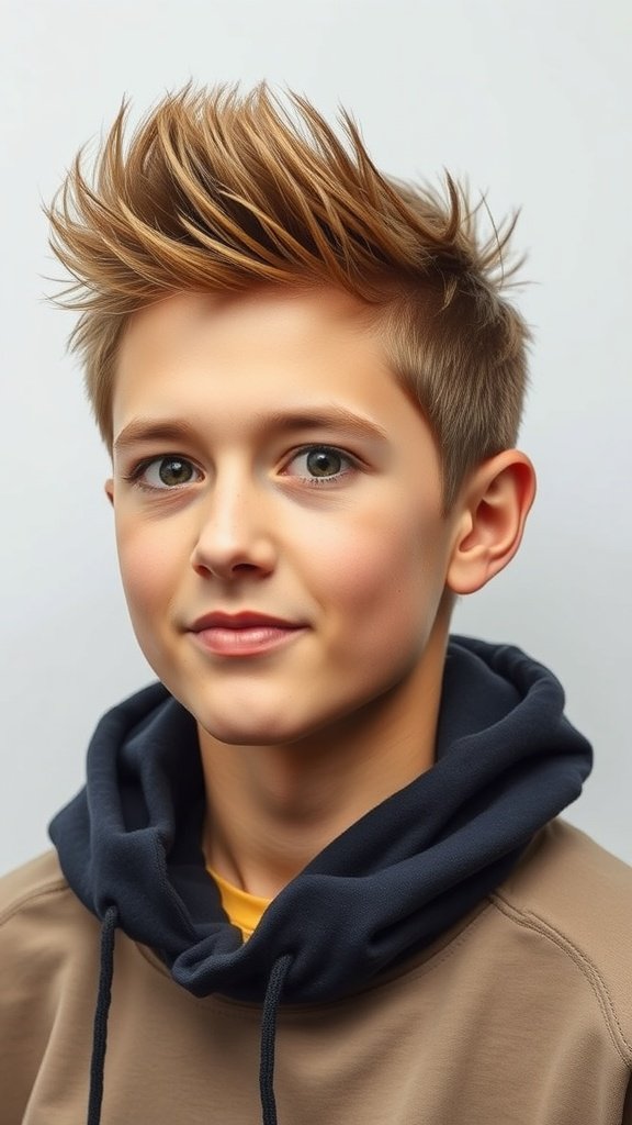 A young boy with spiky hair styled on top and short sides, wearing a hoodie.