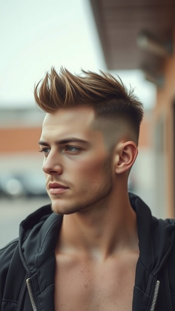 A young man with a spiky top hairstyle and faded sides, looking stylish and confident.