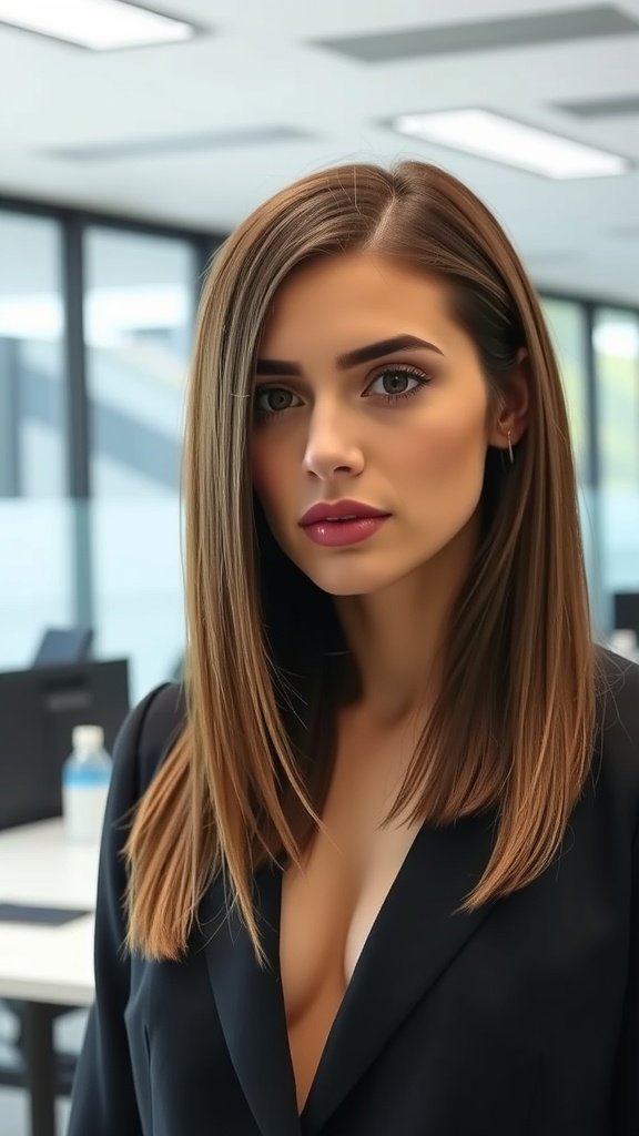 A woman with shoulder-length straight hair styled with a deep side part, looking confident in a professional setting.