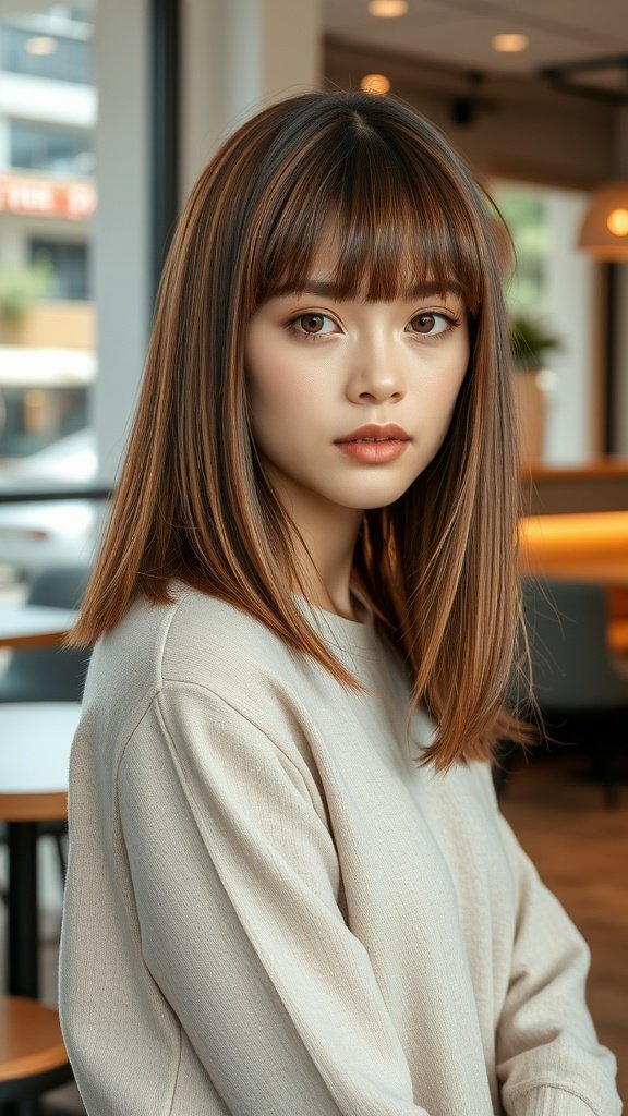 A woman with shoulder-length straight hair and curtain bangs, looking stylish in a cozy setting.