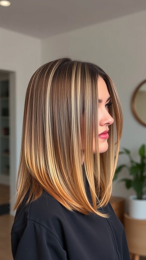 A woman with shoulder-length straight hair featuring subtle highlights, showcasing a chic and modern hairstyle.